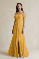 Off - the - Shoulder Chiffon A - Line Bridesmaid Dress in Marigold - KissProm Bridesmaid Dresses