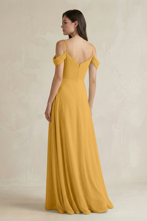 Off - the - Shoulder Chiffon A - Line Bridesmaid Dress in Marigold - KissProm Bridesmaid Dresses
