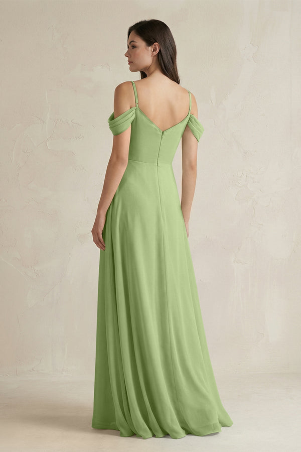 Off - the - Shoulder Chiffon A - Line Bridesmaid Dress in Matcha - KissProm Bridesmaid Dresses