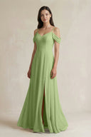 Off - the - Shoulder Chiffon A - Line Bridesmaid Dress in Matcha - KissProm Bridesmaid Dresses