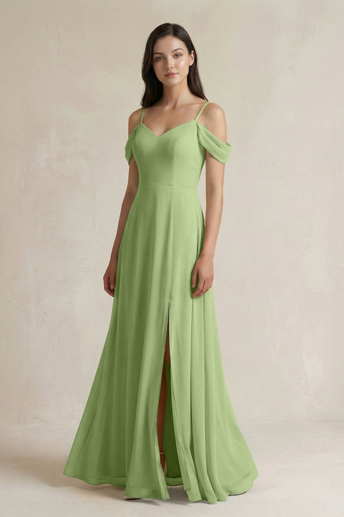 Off - the - Shoulder Chiffon A - Line Bridesmaid Dress in Matcha - KissProm Bridesmaid Dresses
