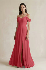 Off - the - Shoulder Chiffon A - Line Bridesmaid Dress in Merlot - KissProm Bridesmaid Dresses