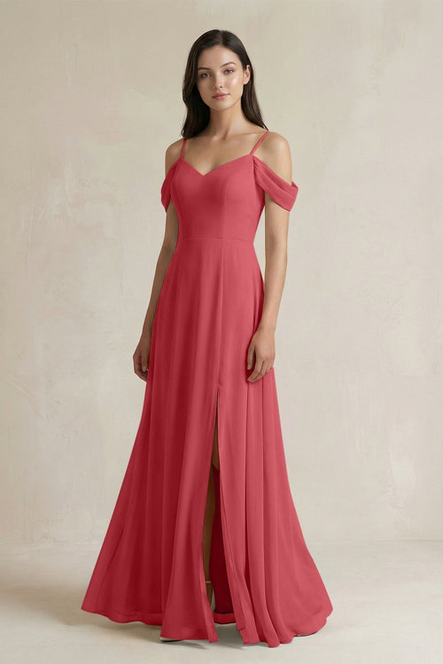 Off - the - Shoulder Chiffon A - Line Bridesmaid Dress in Merlot - KissProm Bridesmaid Dresses