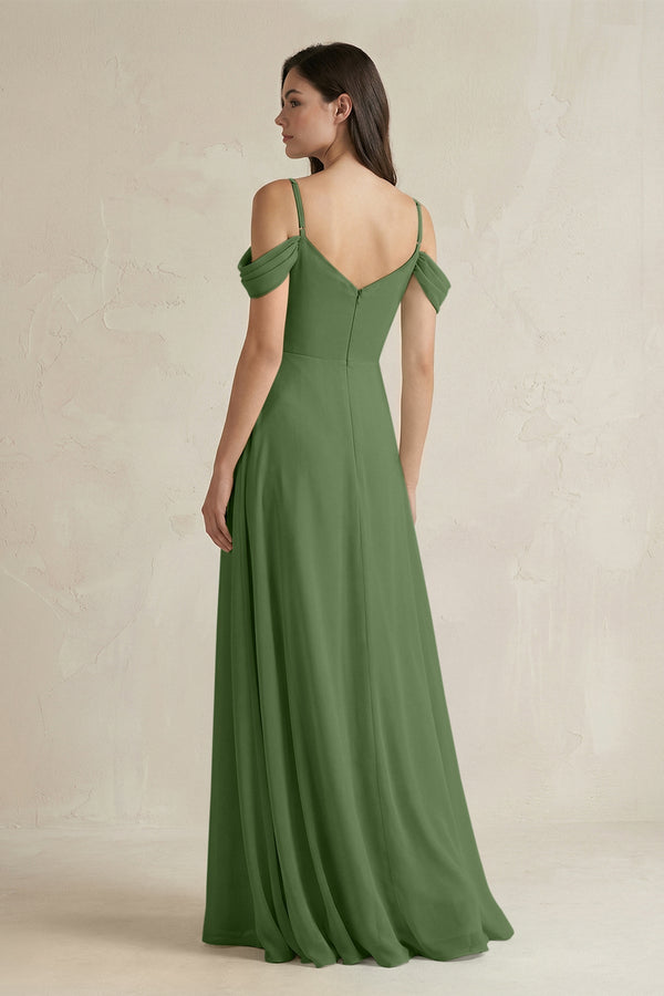Off - the - Shoulder Chiffon A - Line Bridesmaid Dress in Moss - KissProm Bridesmaid Dresses