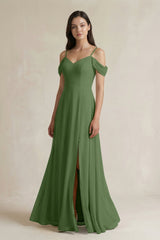 Off - the - Shoulder Chiffon A - Line Bridesmaid Dress in Moss - KissProm Bridesmaid Dresses