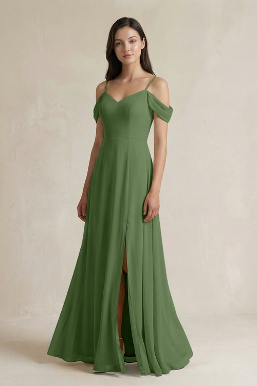 Off - the - Shoulder Chiffon A - Line Bridesmaid Dress in Moss - KissProm Bridesmaid Dresses
