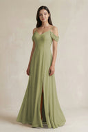 Off - the - Shoulder Chiffon A - Line Bridesmaid Dress in Moss Green - KissProm Bridesmaid Dresses