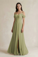 Off - the - Shoulder Chiffon A - Line Bridesmaid Dress in Moss Green - KissProm Bridesmaid Dresses