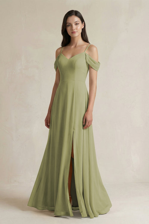 Off - the - Shoulder Chiffon A - Line Bridesmaid Dress in Moss Green - KissProm Bridesmaid Dresses