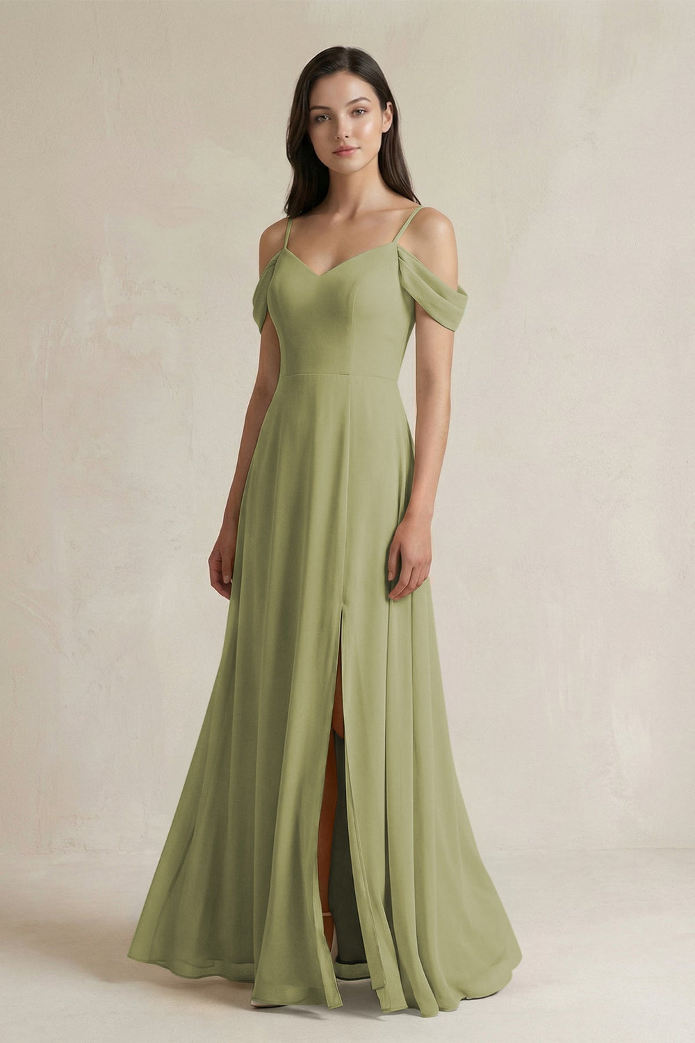 Off - the - Shoulder Chiffon A - Line Bridesmaid Dress in Moss Green - KissProm Bridesmaid Dresses