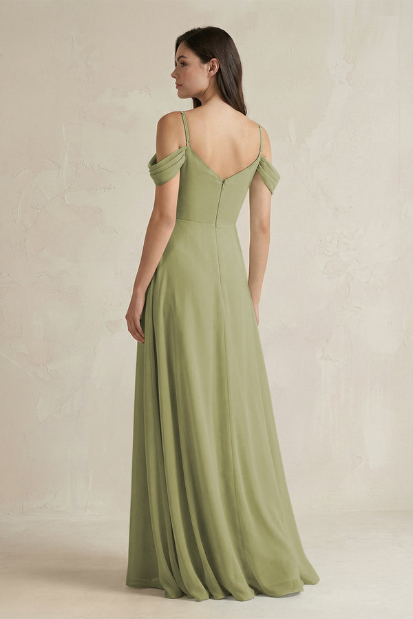Off - the - Shoulder Chiffon A - Line Bridesmaid Dress in Moss Green - KissProm Bridesmaid Dresses