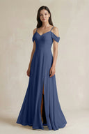 Off - the - Shoulder Chiffon A - Line Bridesmaid Dress in Navy - KissProm Bridesmaid Dresses