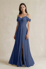 Off - the - Shoulder Chiffon A - Line Bridesmaid Dress in Navy - KissProm Bridesmaid Dresses