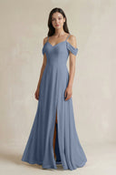 Off - the - Shoulder Chiffon A - Line Bridesmaid Dress in Neptune - KissProm Bridesmaid Dresses
