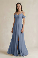 Off - the - Shoulder Chiffon A - Line Bridesmaid Dress in Neptune - KissProm Bridesmaid Dresses