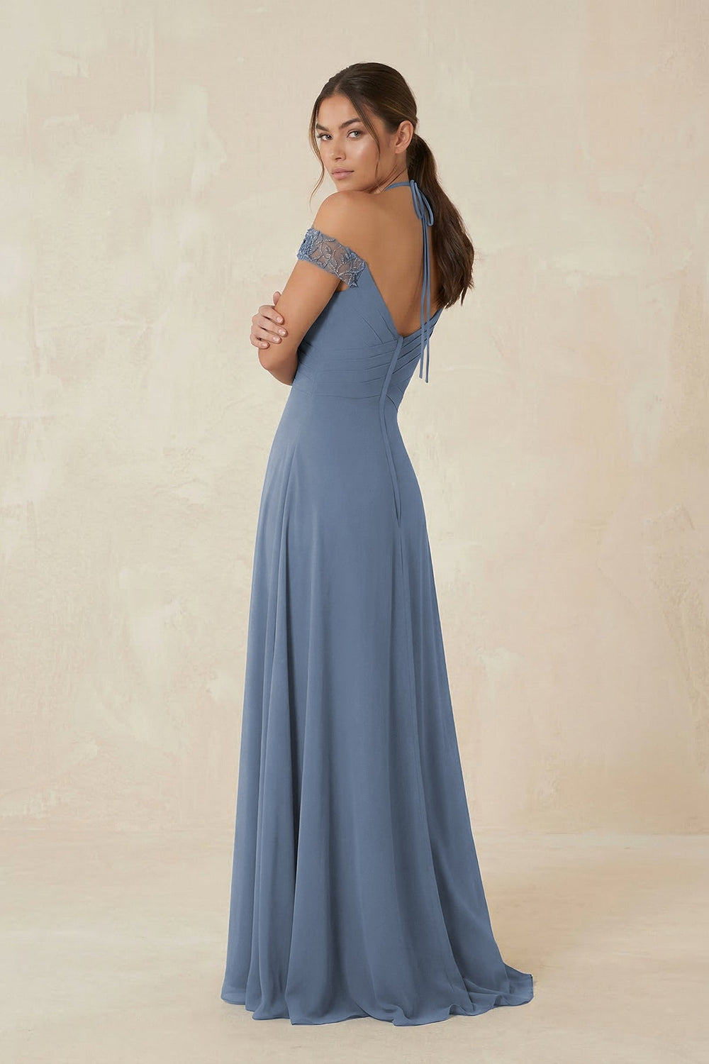 Off - the - Shoulder Chiffon A - Line Bridesmaid Dress in Neptune - KissProm Bridesmaid Dresses