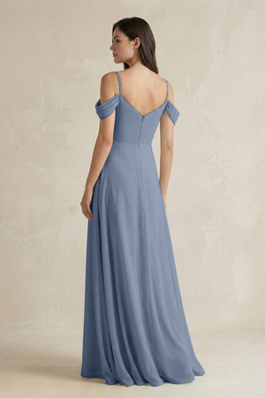 Off - the - Shoulder Chiffon A - Line Bridesmaid Dress in Neptune - KissProm Bridesmaid Dresses