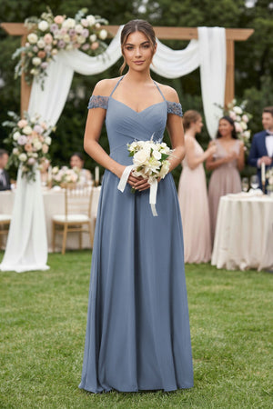 Off - the - Shoulder Chiffon A - Line Bridesmaid Dress in Neptune - KissProm Bridesmaid Dresses