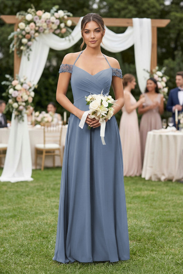 Off - the - Shoulder Chiffon A - Line Bridesmaid Dress in Neptune - KissProm Bridesmaid Dresses