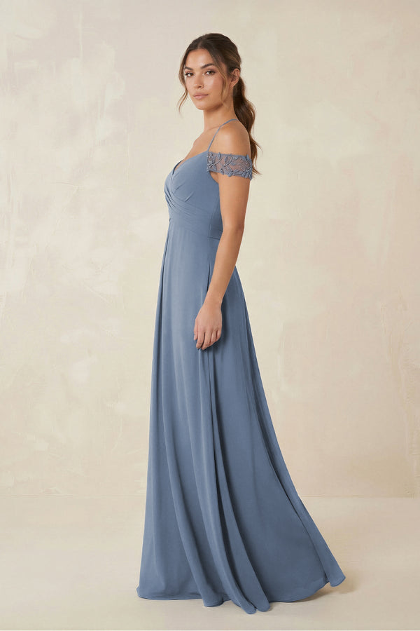 Off - the - Shoulder Chiffon A - Line Bridesmaid Dress in Neptune - KissProm Bridesmaid Dresses