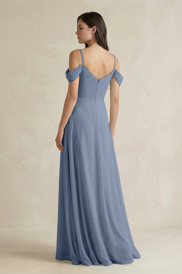 Off - the - Shoulder Chiffon A - Line Bridesmaid Dress in Neptune - KissProm Bridesmaid Dresses