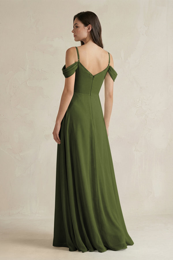 Off - the - Shoulder Chiffon A - Line Bridesmaid Dress in Olive - KissProm Bridesmaid Dresses