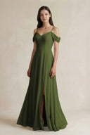 Off - the - Shoulder Chiffon A - Line Bridesmaid Dress in Olive - KissProm Bridesmaid Dresses