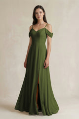 Off - the - Shoulder Chiffon A - Line Bridesmaid Dress in Olive - KissProm Bridesmaid Dresses