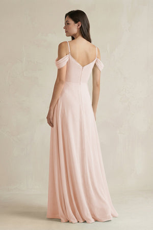 Off - the - Shoulder Chiffon A - Line Bridesmaid Dress in Pale Blush - KissProm Bridesmaid Dresses