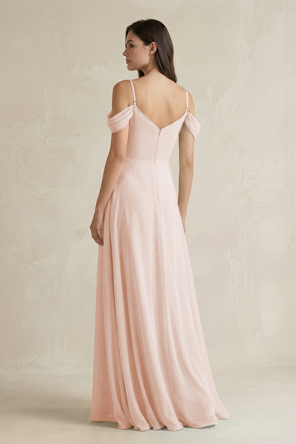 Off - the - Shoulder Chiffon A - Line Bridesmaid Dress in Pale Blush - KissProm Bridesmaid Dresses