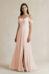 Off - the - Shoulder Chiffon A - Line Bridesmaid Dress in Pale Blush - KissProm Bridesmaid Dresses