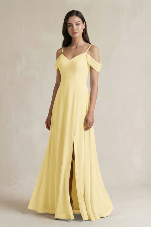 Off - the - Shoulder Chiffon A - Line Bridesmaid Dress in Pastel Yellow - KissProm Bridesmaid Dresses