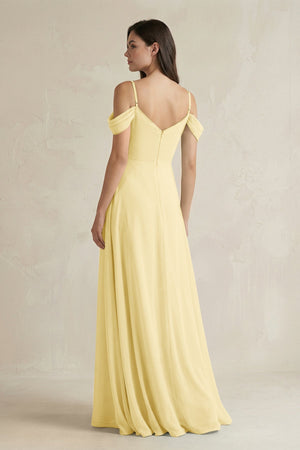 Off - the - Shoulder Chiffon A - Line Bridesmaid Dress in Pastel Yellow - KissProm Bridesmaid Dresses