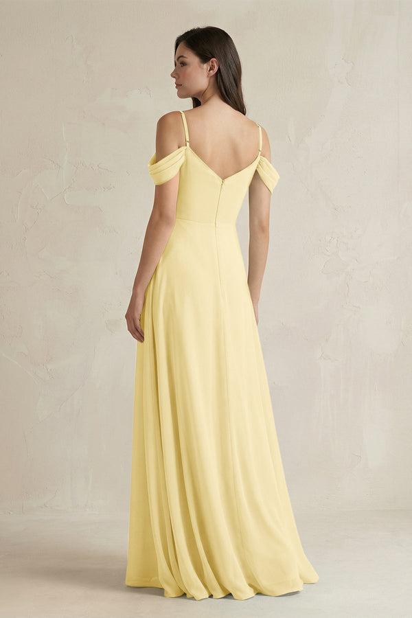 Off - the - Shoulder Chiffon A - Line Bridesmaid Dress in Pastel Yellow - KissProm Bridesmaid Dresses