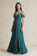 Off - the - Shoulder Chiffon A - Line Bridesmaid Dress in Pine - KissProm Bridesmaid Dresses