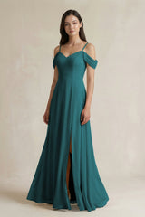 Off - the - Shoulder Chiffon A - Line Bridesmaid Dress in Pine - KissProm Bridesmaid Dresses