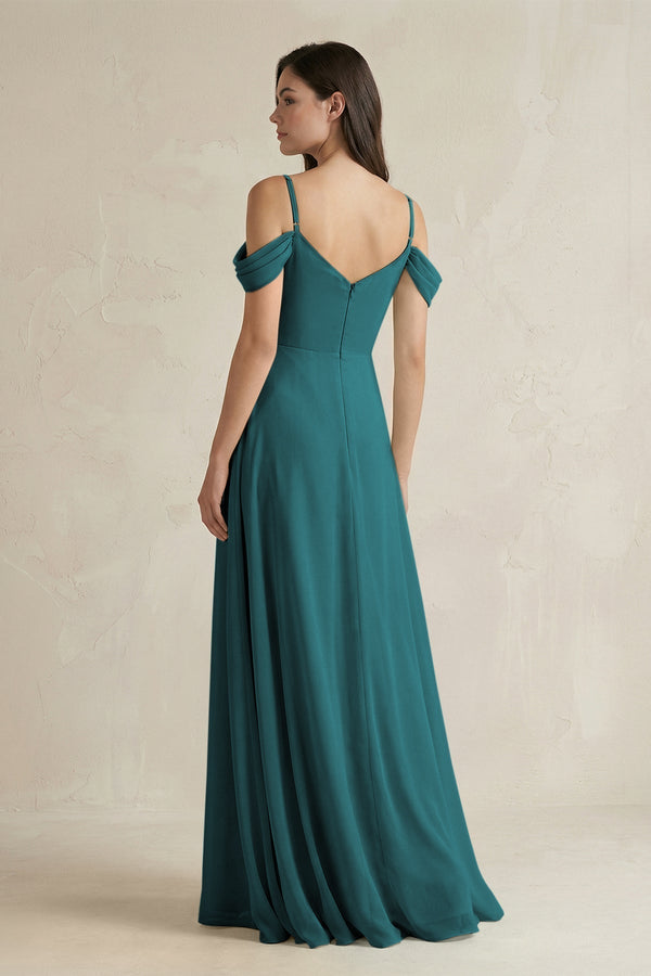 Off - the - Shoulder Chiffon A - Line Bridesmaid Dress in Pine - KissProm Bridesmaid Dresses