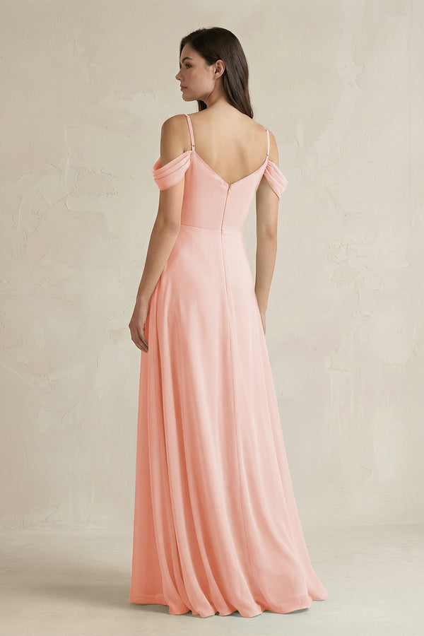 Off - the - Shoulder Chiffon A - Line Bridesmaid Dress in Rose Petal - KissProm Bridesmaid Dresses