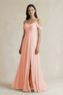 Off - the - Shoulder Chiffon A - Line Bridesmaid Dress in Rose Petal - KissProm Bridesmaid Dresses