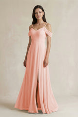 Off - the - Shoulder Chiffon A - Line Bridesmaid Dress in Rose Petal - KissProm Bridesmaid Dresses