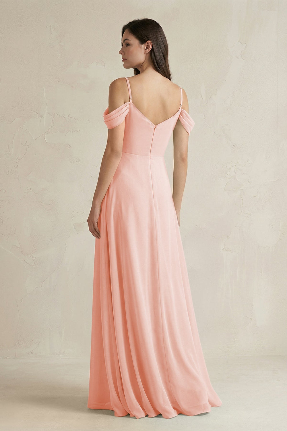 Off - the - Shoulder Chiffon A - Line Bridesmaid Dress in Rose Petal - KissProm Bridesmaid Dresses
