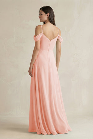 Off - the - Shoulder Chiffon A - Line Bridesmaid Dress in Rose Petal - KissProm Bridesmaid Dresses