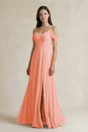 Off - the - Shoulder Chiffon A - Line Bridesmaid Dress in Rosette - KissProm Bridesmaid Dresses