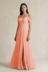 Off - the - Shoulder Chiffon A - Line Bridesmaid Dress in Rosette - KissProm Bridesmaid Dresses