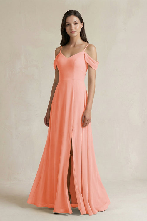 Off - the - Shoulder Chiffon A - Line Bridesmaid Dress in Rosette - KissProm Bridesmaid Dresses