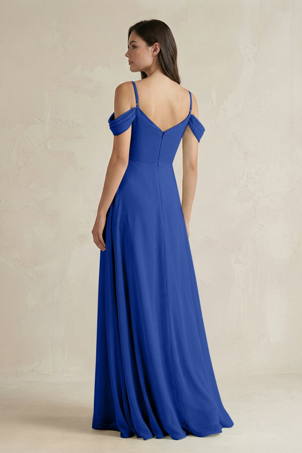 Off - the - Shoulder Chiffon A - Line Bridesmaid Dress in Royal Blue - KissProm Bridesmaid Dresses