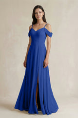 Off - the - Shoulder Chiffon A - Line Bridesmaid Dress in Royal Blue - KissProm Bridesmaid Dresses