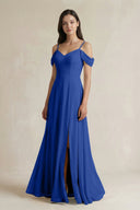 Off - the - Shoulder Chiffon A - Line Bridesmaid Dress in Royal Blue - KissProm Bridesmaid Dresses