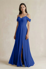 Off - the - Shoulder Chiffon A - Line Bridesmaid Dress in Royal Blue - KissProm Bridesmaid Dresses