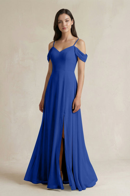 Off - the - Shoulder Chiffon A - Line Bridesmaid Dress in Royal Blue - KissProm Bridesmaid Dresses